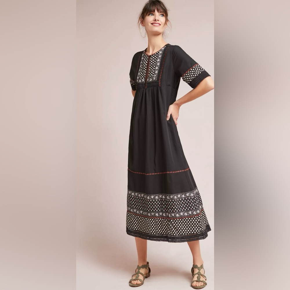 DRA Los Angeles Nash Patterned Lined Maxi Peasant Dress In Black Size XS